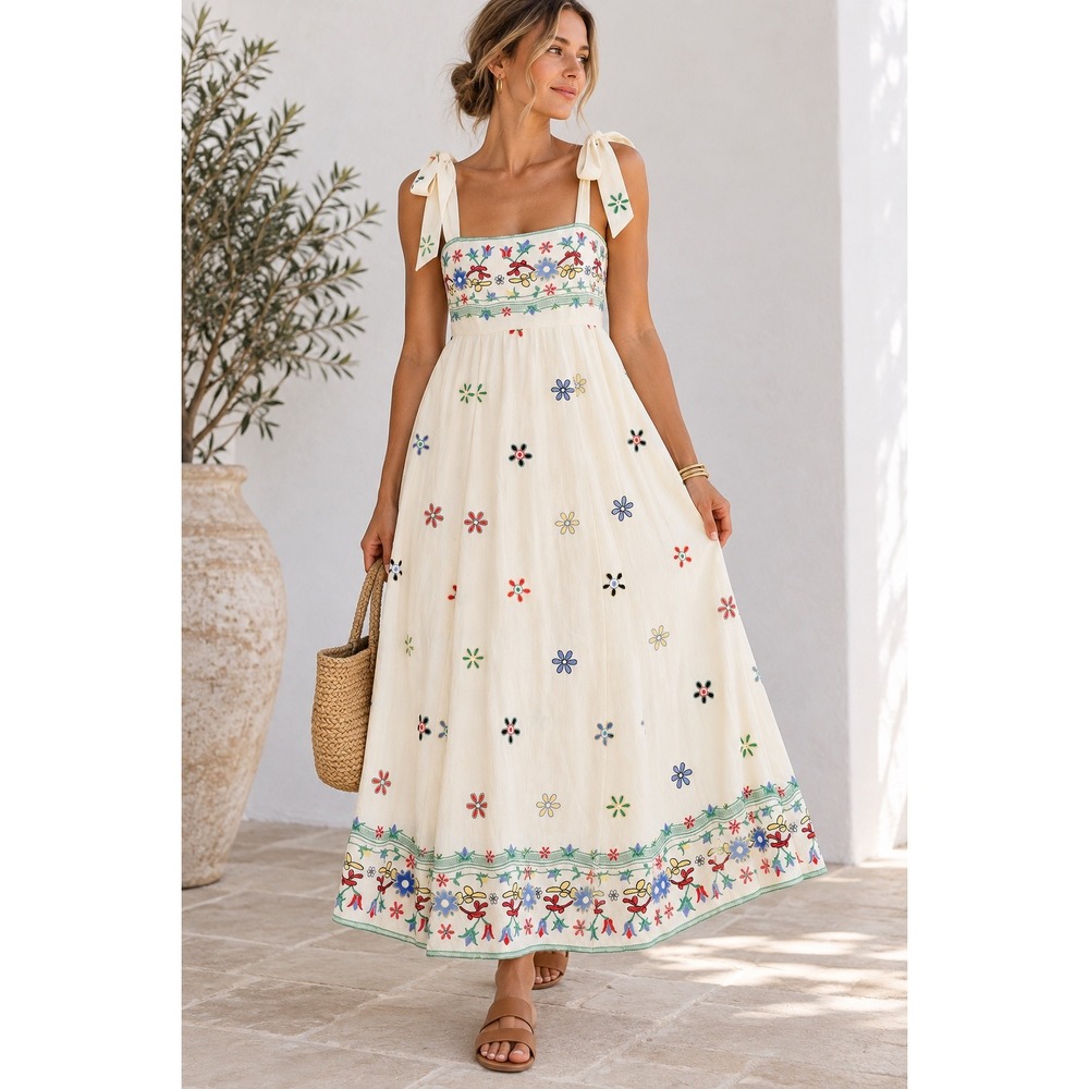 Strut & Bolt Floral Embroidered Tie Shoulder Smocked Midi Dress Cream D-10515-P